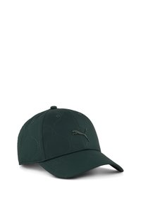 Donkergroene pet met een gestikt golfpatroon, een gebogen klep en een geborduurd logo aan de voorkant. Gemaakt van lichtgewicht stof.