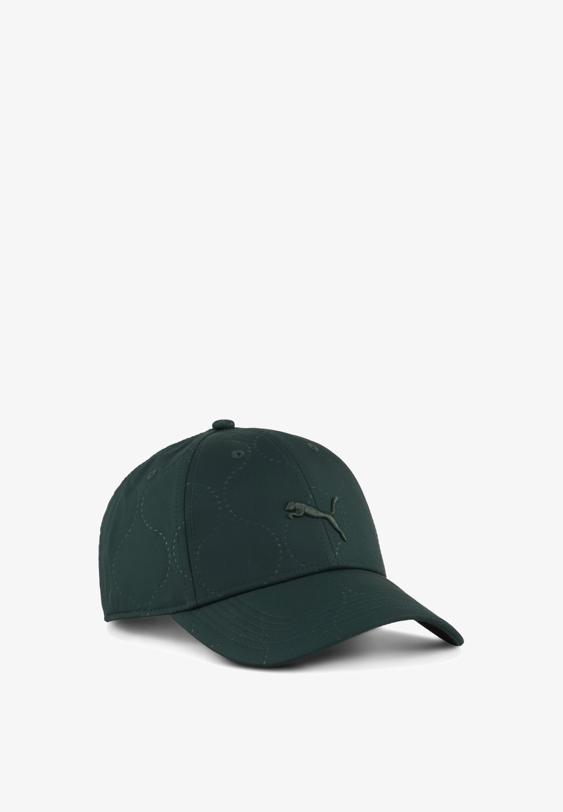 Donkergroene pet met een gestikt golfpatroon, een gebogen klep en een geborduurd logo aan de voorkant. Gemaakt van lichtgewicht stof.