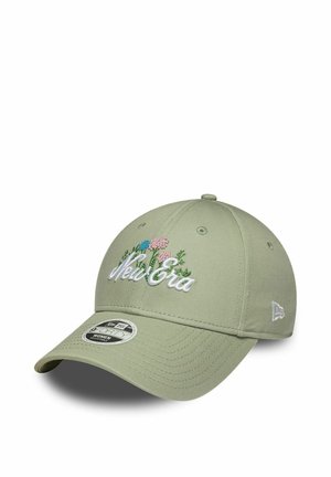 Hellgrüne Baseballkappe mit "New Era" und bestickten Blumen auf der Vorderseite, gebogenem Schirm und verstellbarem Riemen.