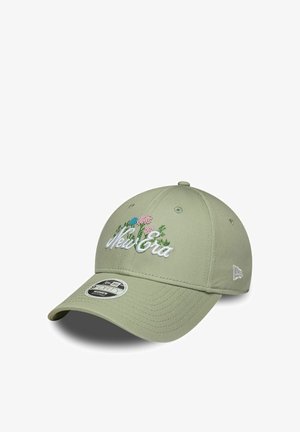 Hellgrüne Baseballkappe mit "New Era" und bestickten Blumen auf der Vorderseite, gebogenem Schirm und verstellbarem Riemen.
