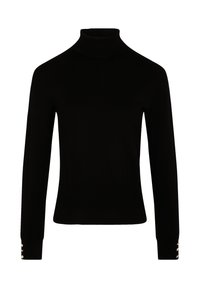 Schwarzer Rollkragenpullover mit langen Ärmeln, gerippter Textur, taillierter Passform und vier goldenen Knopfakzenten an jedem Ärmel.