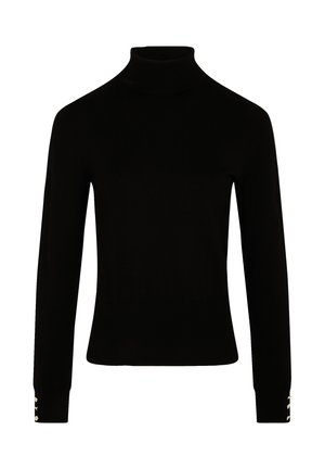 Zwarte coltrui met lange mouwen, ribbelstructuur, getailleerd ontwerp en vier gouden knopenaccenten op elke manchet.