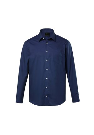 Navy blue long-sleeve shirt made of smooth fabric, featuring a classic collar, button front, and a single chest pocket with a subtle sheen.
