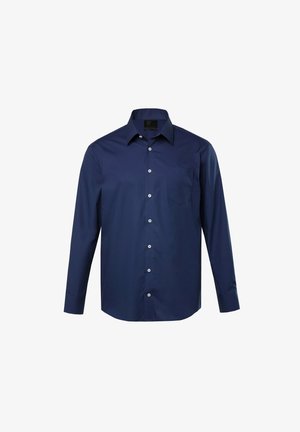 Navy blue long-sleeve shirt made of smooth fabric, featuring a classic collar, button front, and a single chest pocket with a subtle sheen.