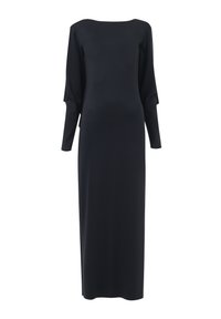 Zwarte, lange mouw, maxi-jurk gemaakt van soepele stof. Heeft een rechte snit en een lichte bootnek met details van zijsplitten.