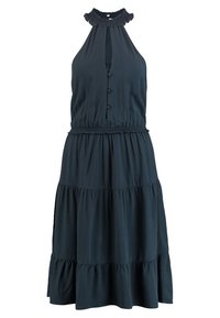 Tummansiniset ilmanhihoja oleva mekko, jossa on korkea röyhelökaulus, etupuolella napitus, joustava vyötärö ja kerroksellinen, leyhyköivä hame.