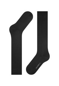 Zwarte sokken van glad materiaal, met een standaard ontwerp en een versterkte hiel en teen, en subtiele logodetails.