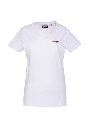 Camiseta blanca de manga corta con cuello en V, con pequeño logo "Schott N.Y.C" en el lado izquierdo del pecho y etiqueta de talla de tela en el interior del cuello.