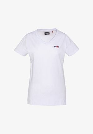 T-shirt blanc à col en V avec manches courtes, petit logo "Schott N.Y.C" sur le côté gauche de la poitrine et étiquette de taille en tissu à l'intérieur du col.