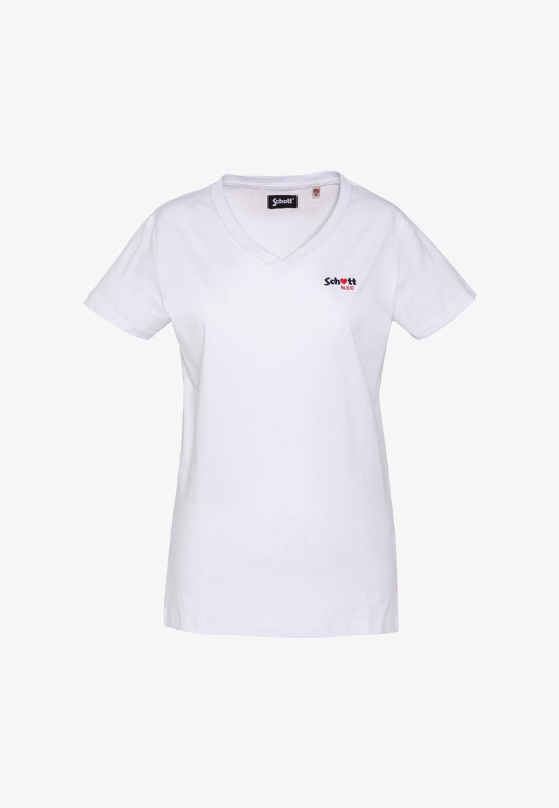 T-shirt bianca a maniche corte con scollo a V, piccolo logo "Schott N.Y.C" sul petto a sinistra e etichetta con la taglia in tessuto all'interno del colletto.