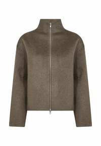 Hnedá, skrátená zipsová bunda z mäkkej, textúrovanej látky. Obsahuje vysoký golier a široké rukávy, so striebornými prvkami na zips.