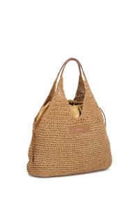 Sac à main en paille tissée couleur fauve avec un design souple, doté d'une fermeture à cordon et de poignées en cuir marron. Comprend un écusson avec logo.