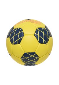 Gelber und dunkelblauer Handball mit geometrischen Mustern und "Hummel Classic Elite" Branding auf weißem Hintergrund.