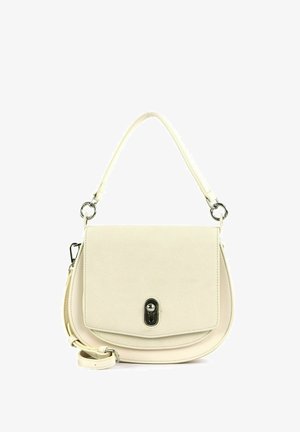 Sac à bandoulière en cuir couleur crème avec rabat arrondi, fermoir à tour argenté et sangle amovible réglable.