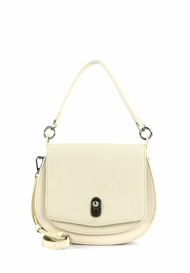 Sac à bandoulière en cuir couleur crème avec rabat arrondi, fermoir à tour argenté et sangle amovible réglable.