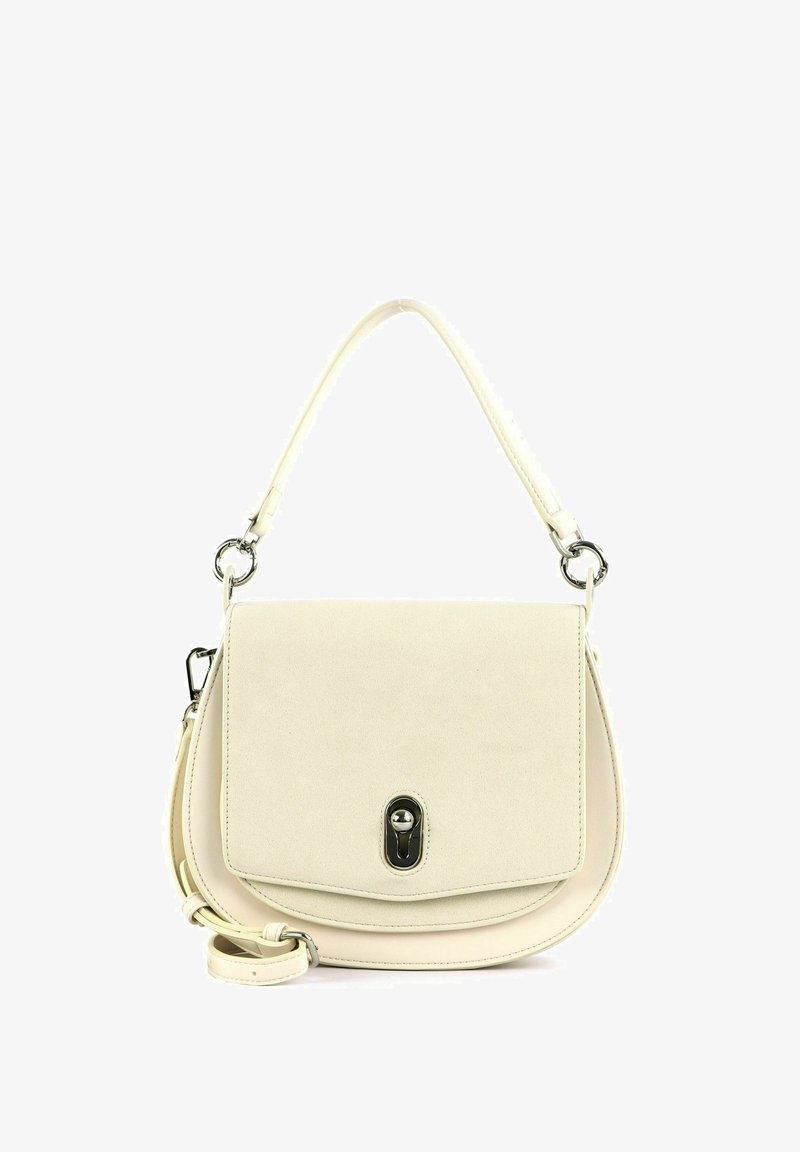 Sac à bandoulière en cuir couleur crème avec rabat arrondi, fermoir à tour argenté et sangle amovible réglable.