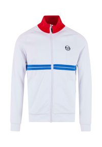 Giacca bianca con zip e colletto rosso, strisce orizzontali blu sul petto e un logo rotondo sul lato sinistro. Realizzata in un tessuto morbido.