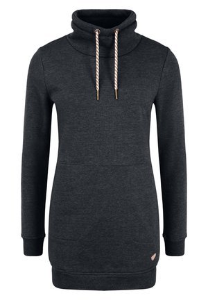 Tumehall pullover-kleit kõrge kaelusega, millel on valged ja vasevärvi triibulised paelad, pikad varrukad ja känguru tasku.