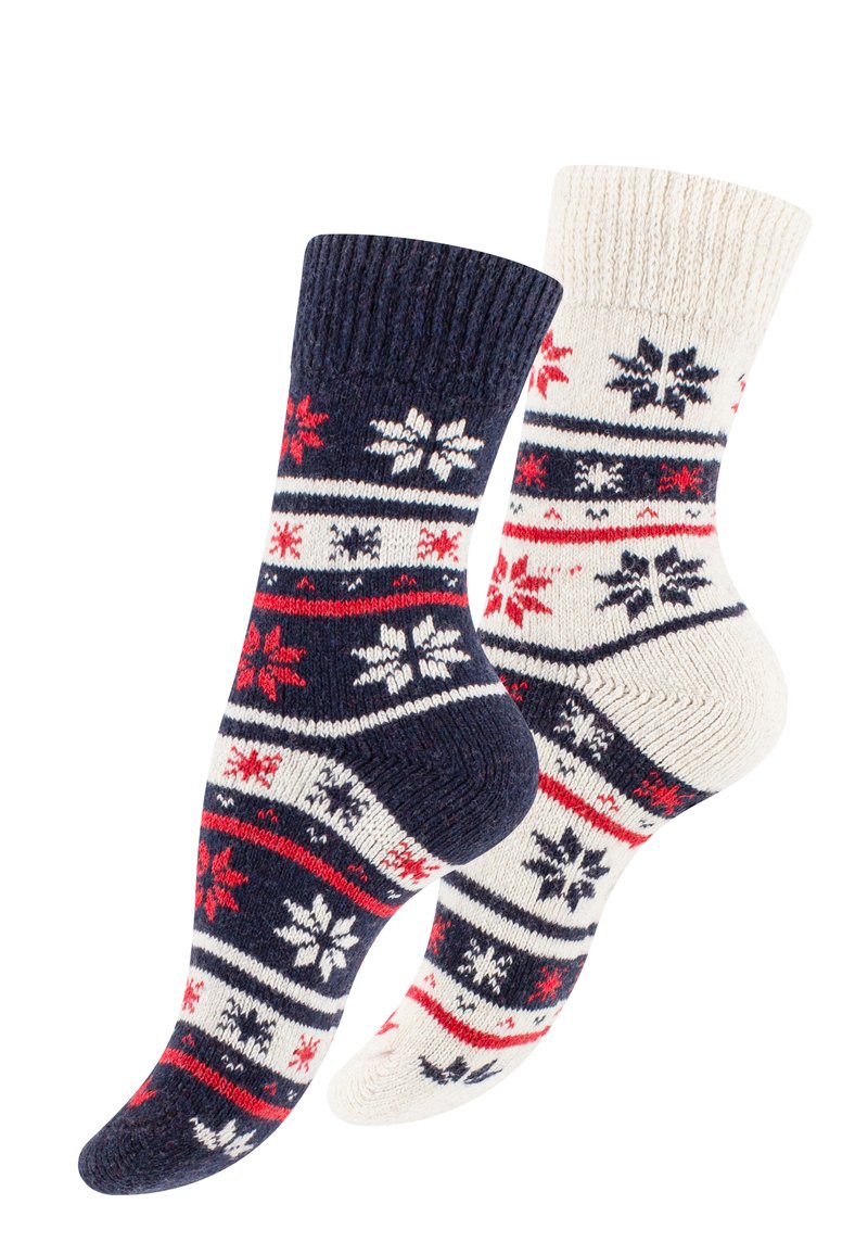 Calze a maglia in blu navy e crema con motivi a fiocco di neve, strisce rosse e blu, polsini a coste texturizzati e sezioni di tallone e punta a contrasto.