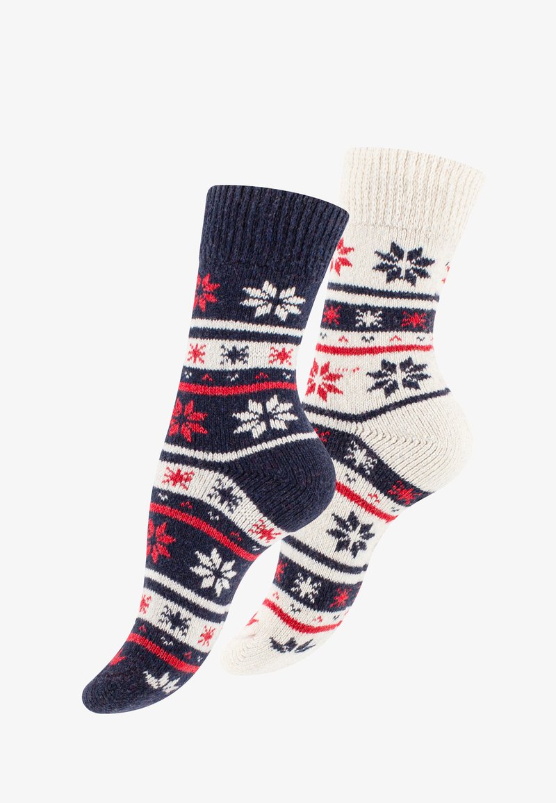 Calze a maglia in blu navy e crema con motivi a fiocco di neve, strisce rosse e blu, polsini a coste texturizzati e sezioni di tallone e punta a contrasto.