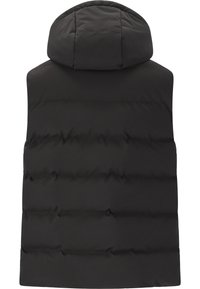 Sort puffervest med polstret design, der har hætte og vandrette quiltede sektioner for isolering. Glat ydermateriale.