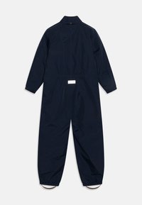 Navy blue jumpsuit made of lightweight fabric. Features a collar, elastic waistband, and elastic cuffs. Label on back near the waist.