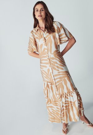 Beige-weißer Hemdblusenkleid mit Tigerstreifenmuster, kurzen Ärmeln, einem gestuften Rock und leichtem Stoff.