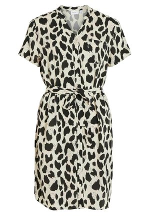 Abito a maniche corte con design a stampa leopardata, caratterizzato da un'apertura frontale con bottoni e una cintura annodata in vita per un look aderente.