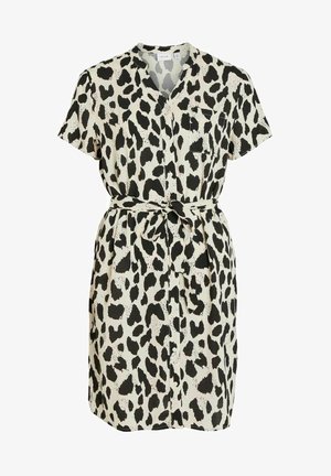 Vestido de manga corta con un diseño de estampado de leopardo, que presenta un cierre de botones en la parte delantera y un cinturón atado en la cintura para un ajuste ceñido.