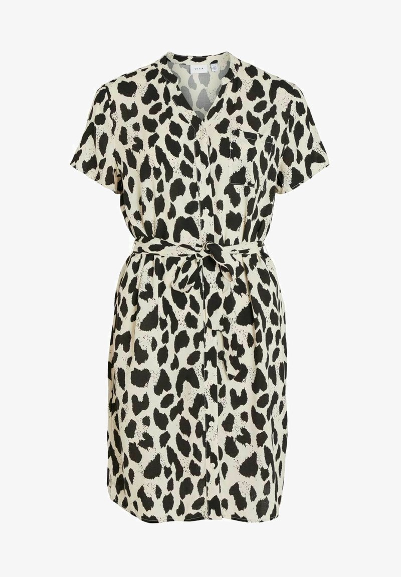 Abito a maniche corte con design a stampa leopardata, caratterizzato da un'apertura frontale con bottoni e una cintura annodata in vita per un look aderente.