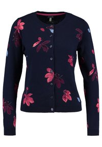 Marinblå kardigan med blommönster i röd och rosa, med rund hals, långa ärmar och knäppning fram. Mjuk textur.