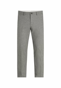 Pantaloni grigi su misura con una sottile texture, taglio dritto, passanti per cintura e chiusura con un solo bottone. Nessuna tasca visibile.