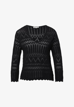 Pull en tricot noir avec un col en V et des manches 3/4. Caractérisé par un motif texturé avec des détails en dentelle et un ourlet en forme de vagues.