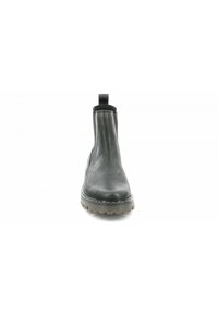 Black leather ankle boot with a rounded toe, elastic sides, and a pull tab at the back. Thick, textured rubber sole with visible tread pattern.
