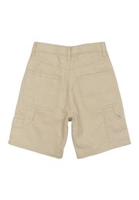 Beige cargo shorts gjorda av slitstark tyg, med två bakfickor och en sidficka, med en platt framdesign och stickade sömmar.
