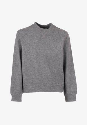 Felpa grigia in tessuto morbido, con scollo a V, polsini e orlo a costine, vestibilità comoda e dettagli di cuciture minimali.