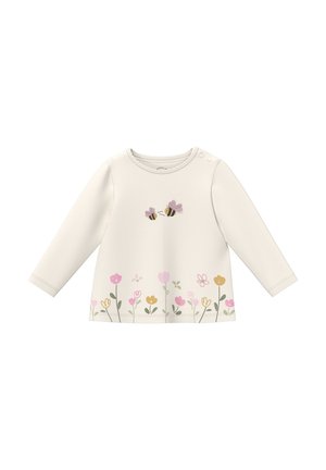 Cremefarbenes Baby-Shirt mit langen Ärmeln, rosa und gelbem Blumenrand und zwei Bienen mit lavendelfarbenen Flügeln in der Nähe des Halsausschnitts.