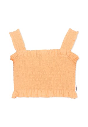 Top corto color pesca con spalline larghe arricciate e bordi con volant, caratterizzato da un tessuto strutturato e arricciato.