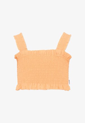 Perzikkleurige cropped tanktop met brede geplooide bandjes en geruffelde randen, met een gestructureerd, verzameld stofontwerp.