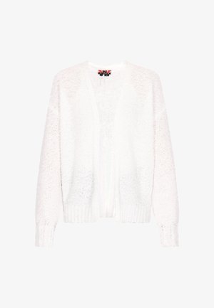 Valge kootud kardigan, millel on loose lõige, pikad varrukad ja soonikkoes äär. Kangas on pehme tekstuuriga ja kerge läbipaistvusega.