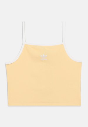 Maiou galben scurt, cu bretele subțiri albe și logo Adidas alb centrat pe piept.