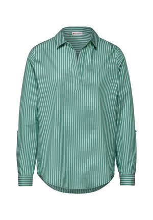 Lange mouwen, kraag overhemd in groen met witte verticale strepen. Heeft een gedeeltelijke knoopsluiting en een gebogen zoom. Gladde textuur.