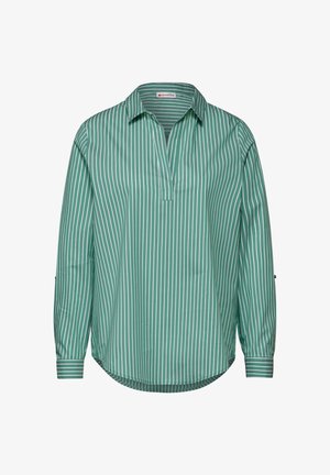 Koszula z długim rękawem, z kołnierzykiem, w kolorze zielonym z białymi pionowymi paskami. Posiada częściowe zapięcie i zaokrąglony dół. Gładka tekstura.