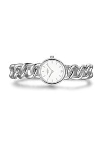 Sudraba metāla pulkstenis ar apaļu balto ciparnīcu, paaugstinātiem stundu rādītājiem un masīvu ķēdes saites aproci. Vienkāršs, gluds dizains ar pulētu apdari.