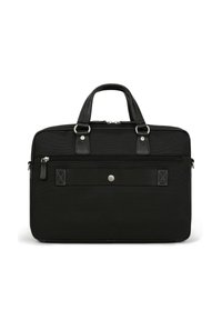 Zwarte nylon laptoptas met leren accenten, dubbele handgrepen aan de bovenkant, een ritsvak aan de voorkant en een horizontale band over de voorkant.