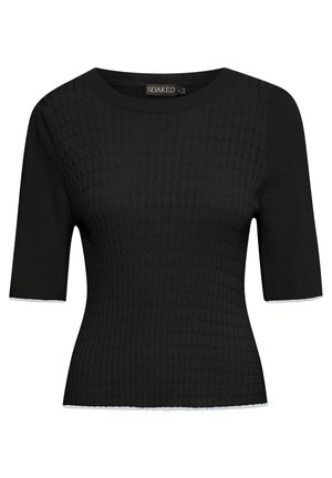 Schwarzes gestricktes Oberteil mit strukturiertem Design, kurzen Ärmeln und Rundhalsausschnitt. Verfügt über eine dezente weiße Einfassung an den Ärmelenden und dem unteren Saum.