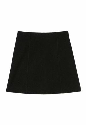 Falda negra en línea A, hecha de un tejido suave, con una textura lisa, longitud moderada y dos costuras frontales para un detalle de diseño adicional.