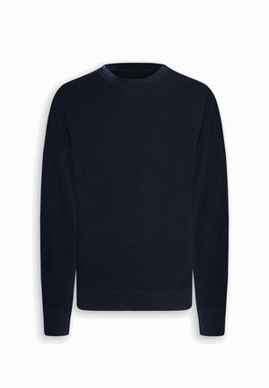 Felpa blu navy a maniche lunghe con scollo rotondo, polsini e orlo a costine, mostrata distesa su uno sfondo bianco.