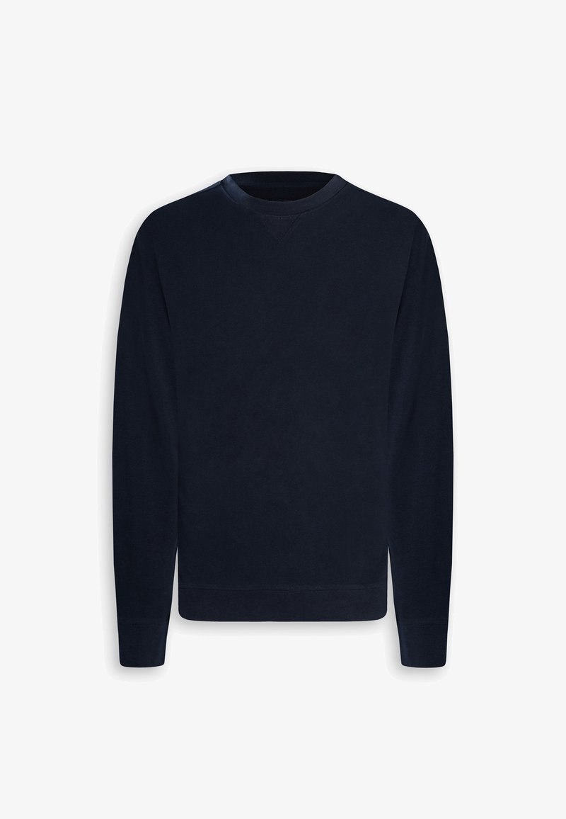 Felpa blu navy a maniche lunghe con scollo rotondo, polsini e orlo a costine, mostrata distesa su uno sfondo bianco.