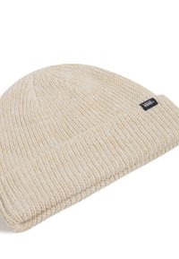 Strikket beige hue med ribbet tekstur og foldet manchet. Har et lille sort mærke med hvid tekst på siden.